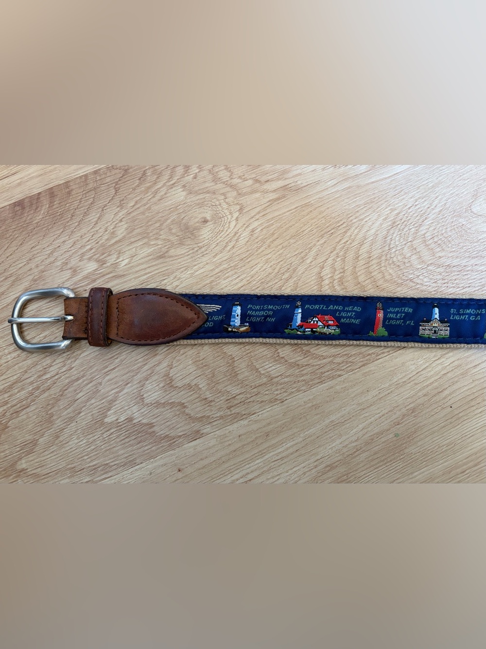 Belted Cow Lighthouse Belt Tan Navy Blue Brown Leather Trim Preppy - Picture 5 of 10